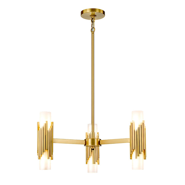 Marvele Six Lamp Three Arm Chandelier in Aged Brass with Opal Glass Diffusers