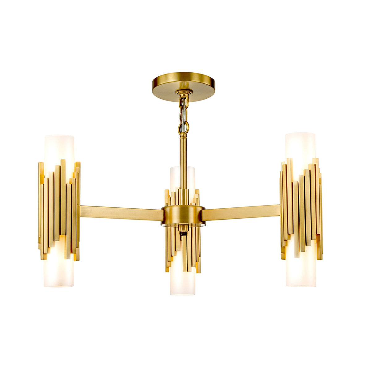 Marvele Six Lamp Three Arm Chandelier in Aged Brass with Opal Glass Diffusers
