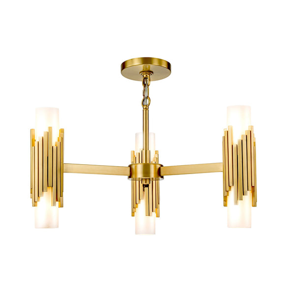 Marvele Six Lamp Three Arm Chandelier in Aged Brass with Opal Glass Diffusers