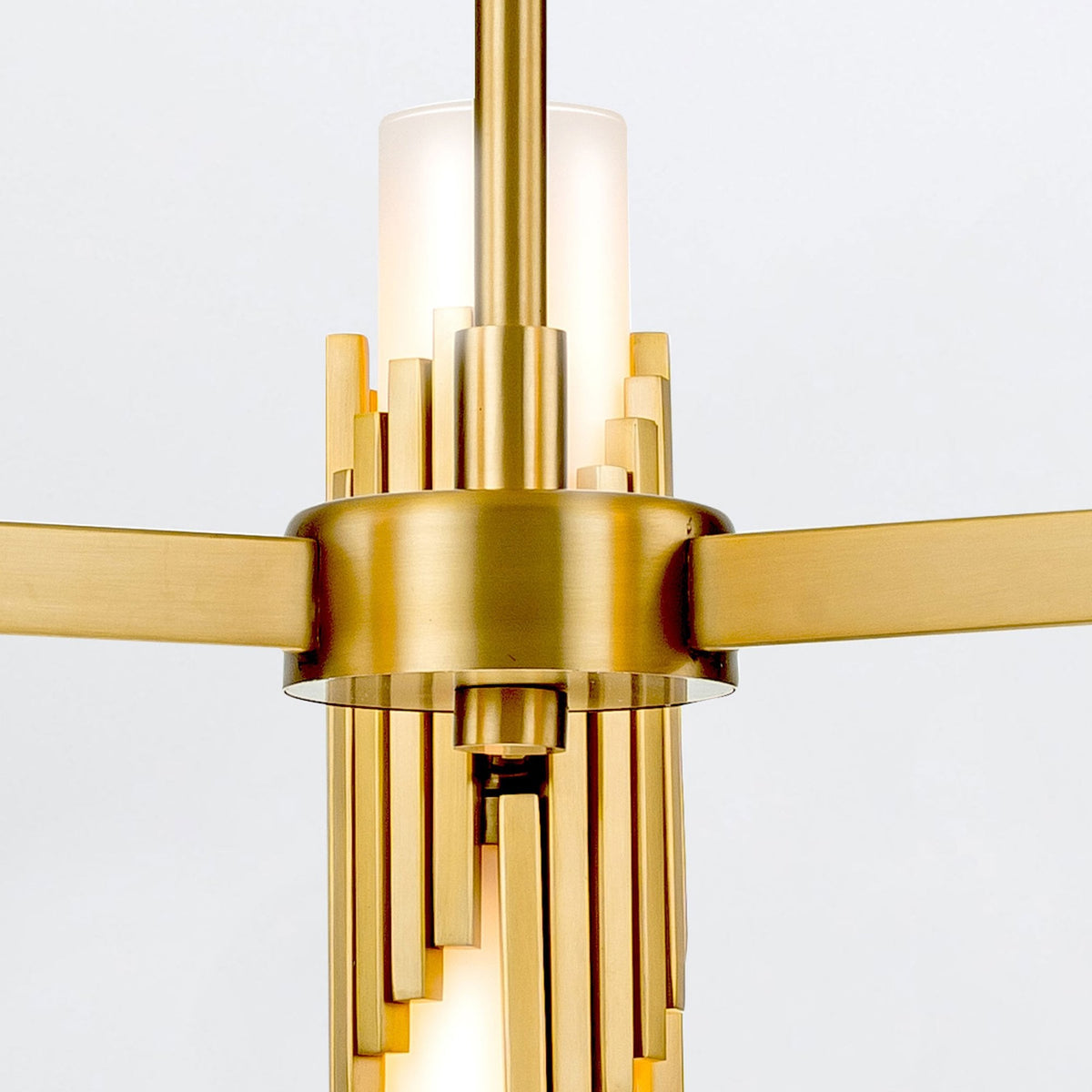 Marvele Six Lamp Three Arm Chandelier in Aged Brass with Opal Glass Diffusers