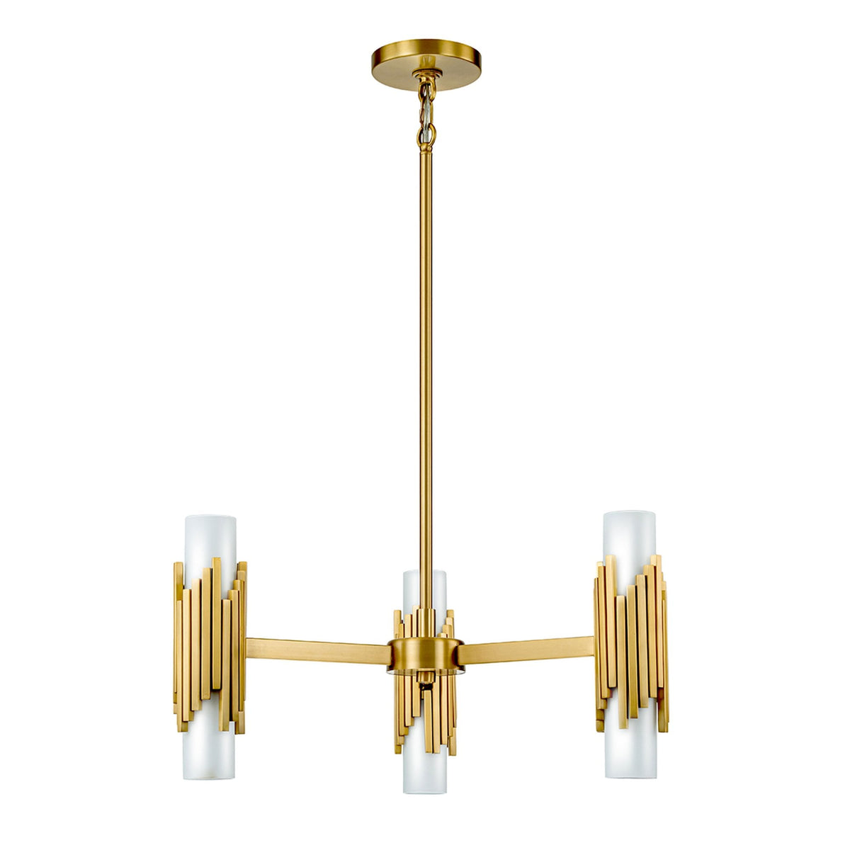 Marvele Six Lamp Three Arm Chandelier in Aged Brass with Opal Glass Diffusers