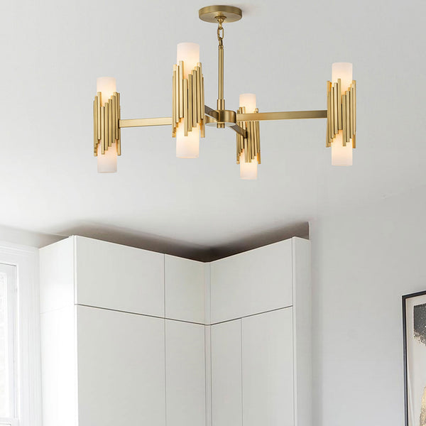 Marvele Eight Lamp Four Arm Chandelier in Aged Brass with Opal Glass Diffusers