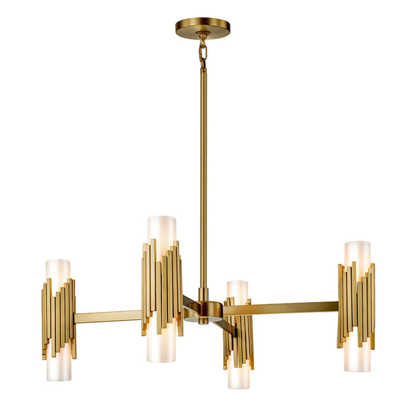 Marvele Eight Lamp Four Arm Chandelier in Aged Brass with Opal Glass Diffusers