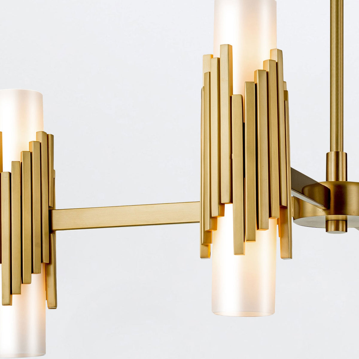 Marvele Eight Lamp Four Arm Chandelier in Aged Brass with Opal Glass Diffusers