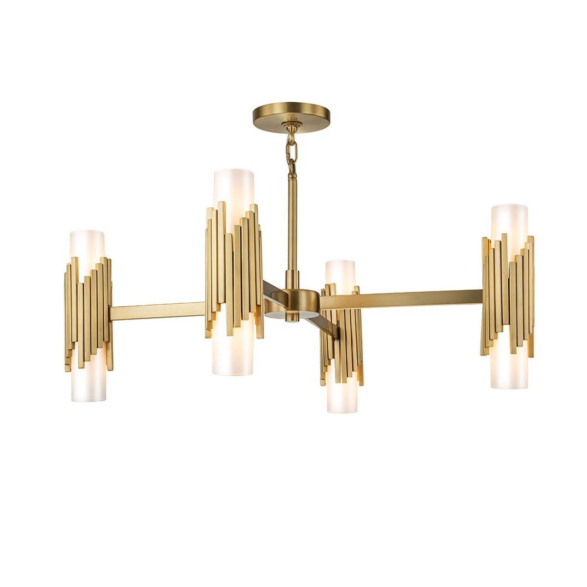 Marvele Eight Lamp Four Arm Chandelier in Aged Brass with Opal Glass Diffusers