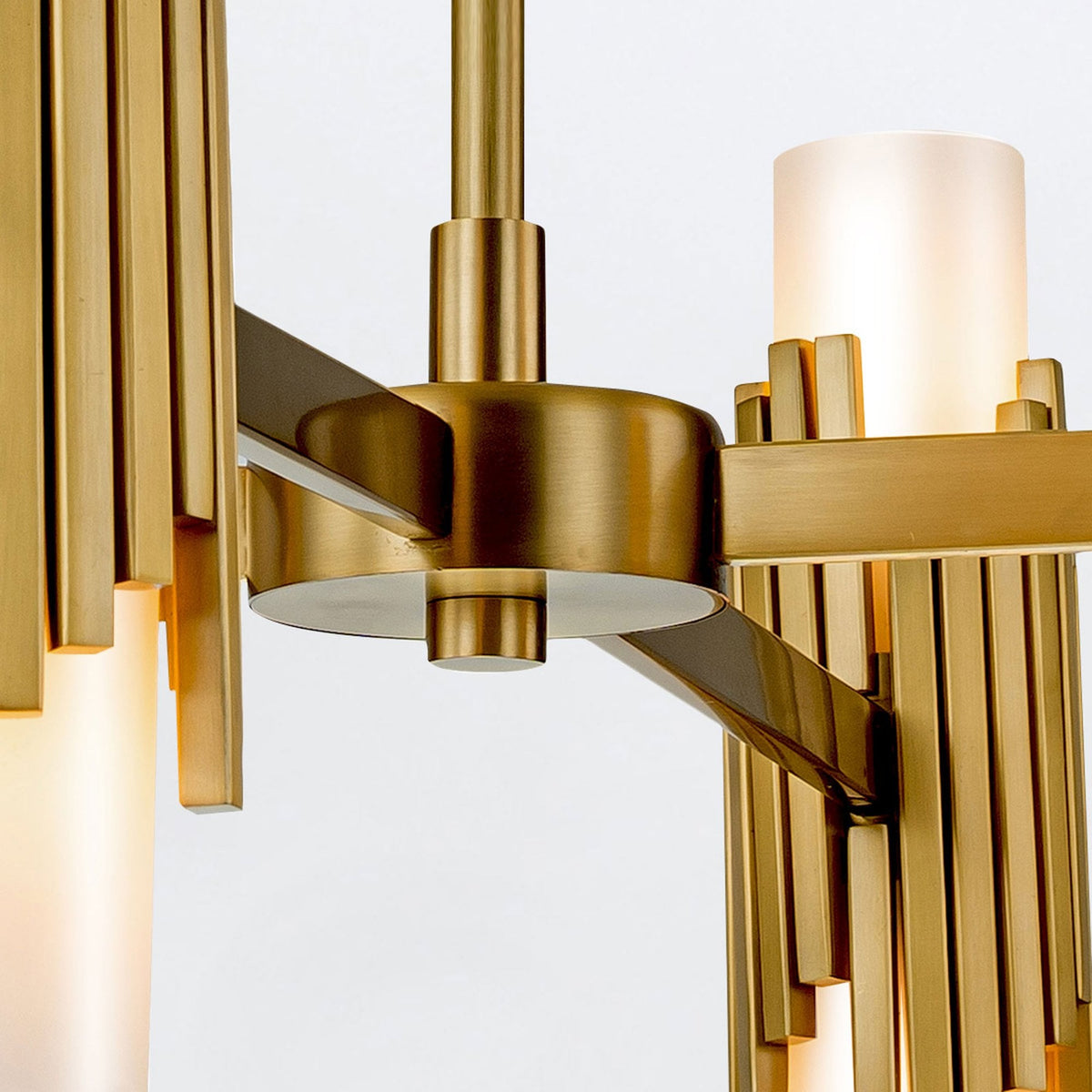 Marvele Eight Lamp Four Arm Chandelier in Aged Brass with Opal Glass Diffusers