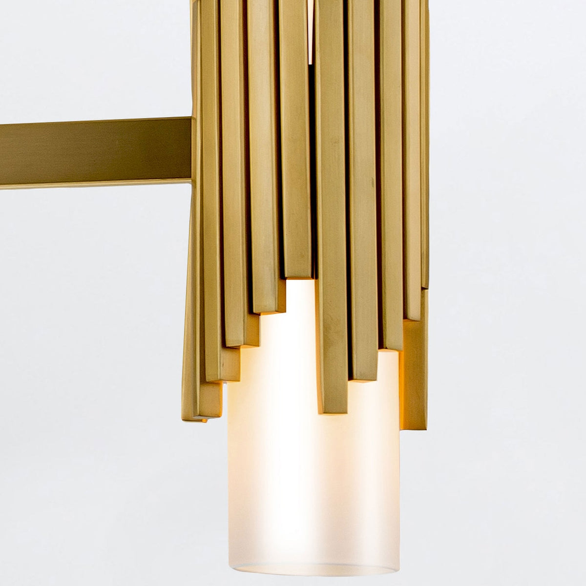 Marvele Eight Lamp Four Arm Chandelier in Aged Brass with Opal Glass Diffusers
