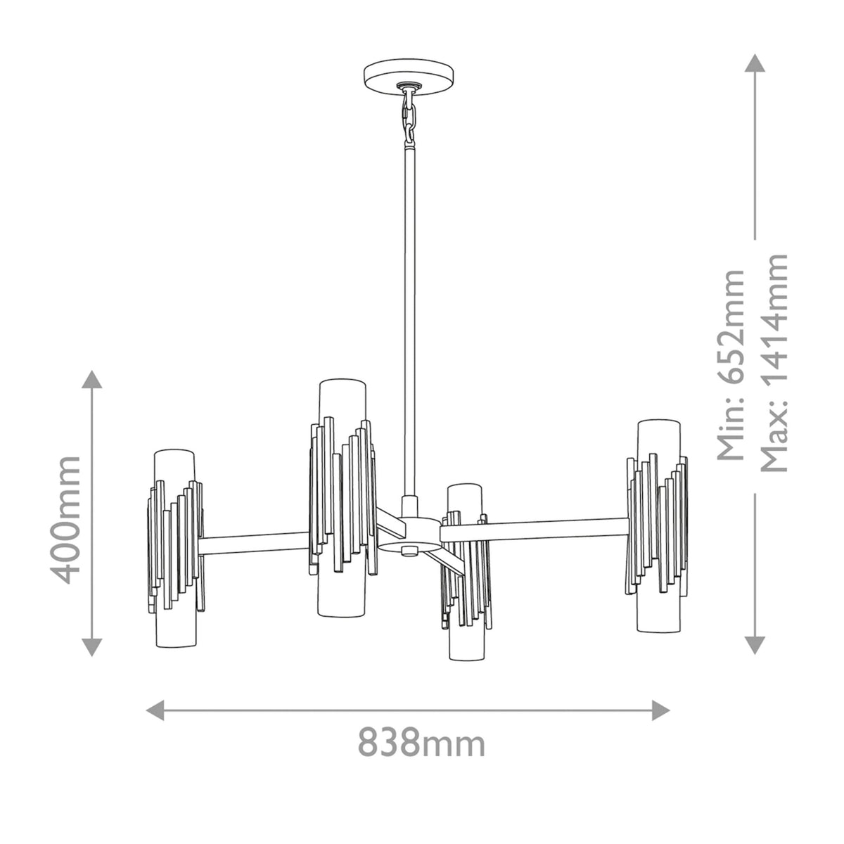 Marvele Eight Lamp Four Arm Chandelier in Aged Brass with Opal Glass Diffusers