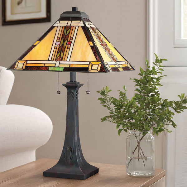 Navajo Tiffany Table Lamp with Bronze Base and Art Glass Shade