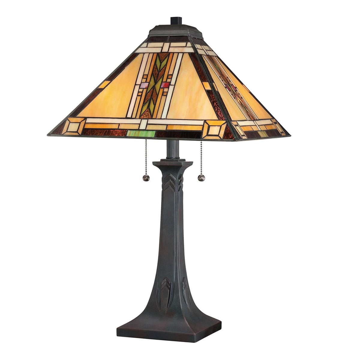 Navajo Tiffany Table Lamp with Bronze Base and Art Glass Shade