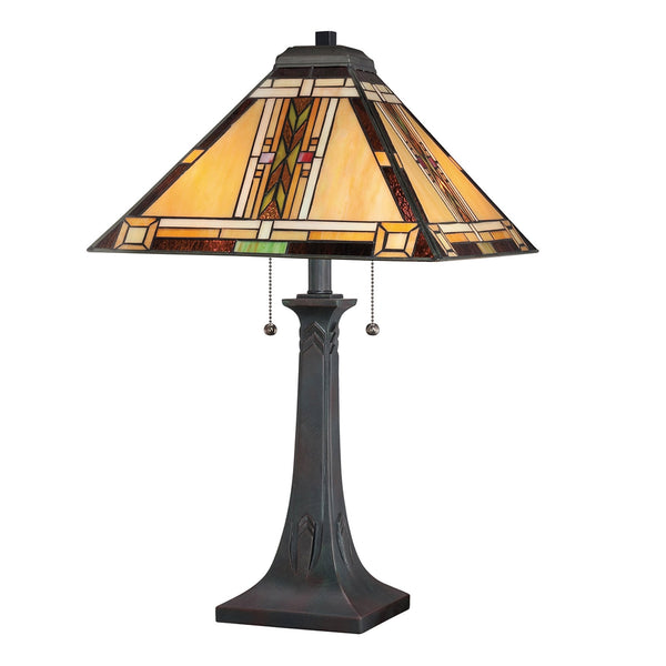 Navajo Tiffany Table Lamp with Bronze Base and Art Glass Shade