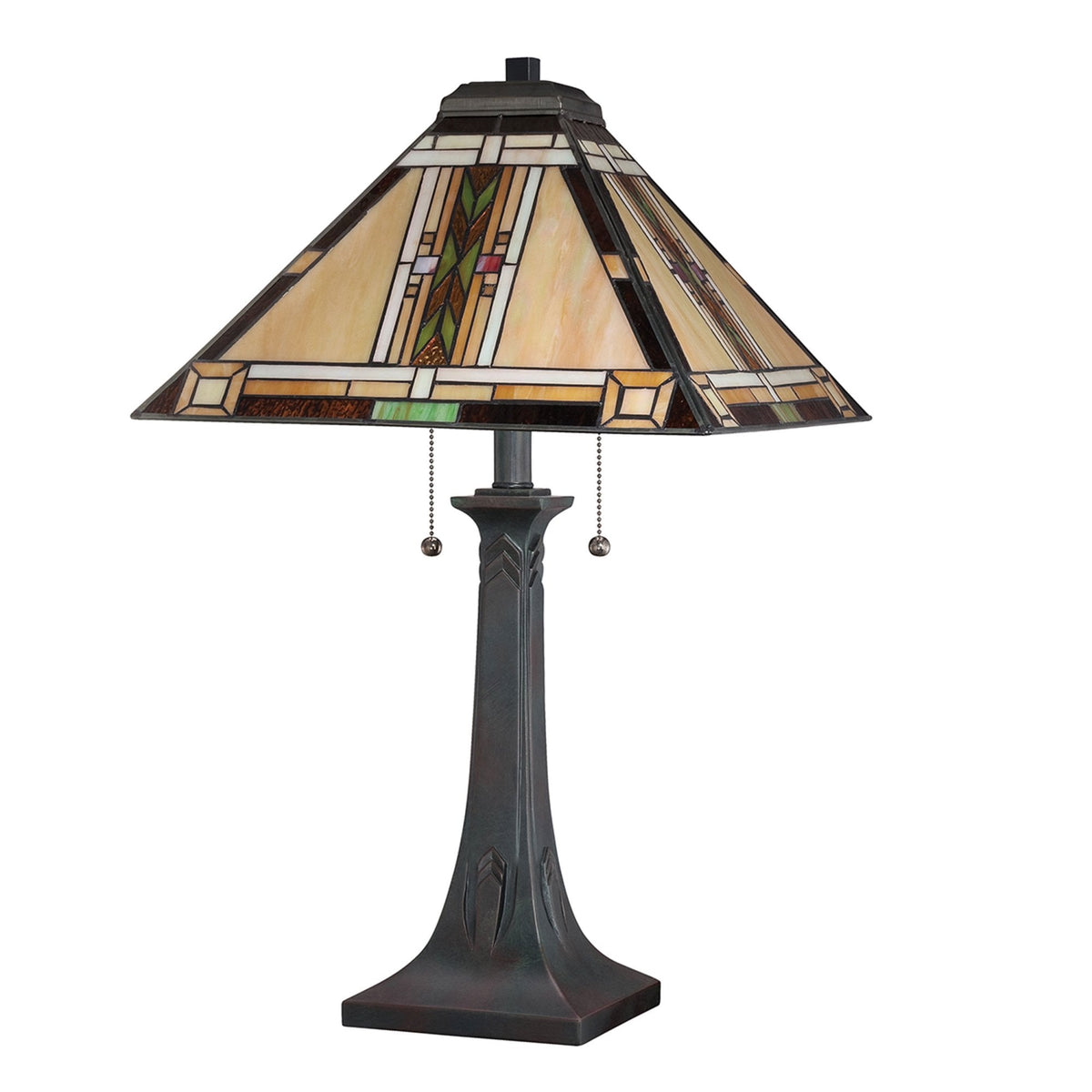 Navajo Tiffany Table Lamp with Bronze Base and Art Glass Shade