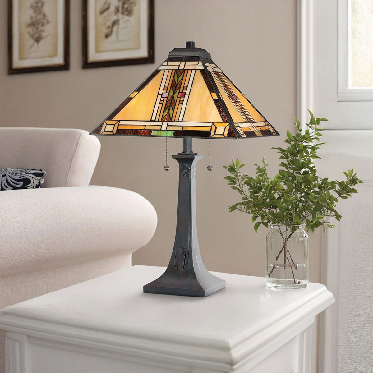 Navajo Tiffany Table Lamp with Bronze Base and Art Glass Shade