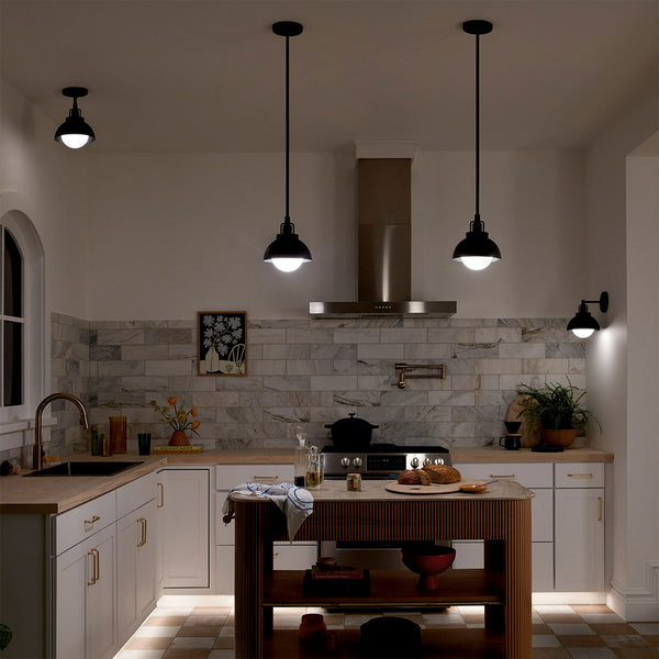 Niva Wall or Pendant or Semi Flush Light in Black with Satin Etched Opal Glass