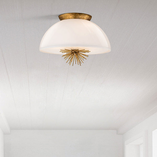 Staring Flush Semi Flush or Pendant Fitting in Distressed Gold with Opal Glass Diffuser
