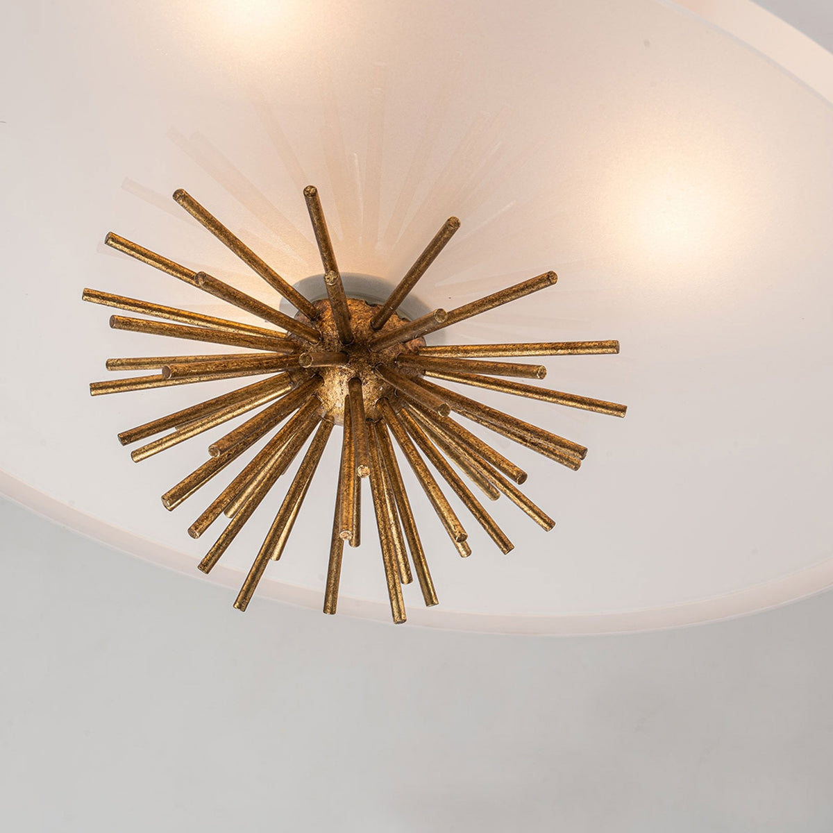 Staring Flush Semi Flush or Pendant Fitting in Distressed Gold with Opal Glass Diffuser