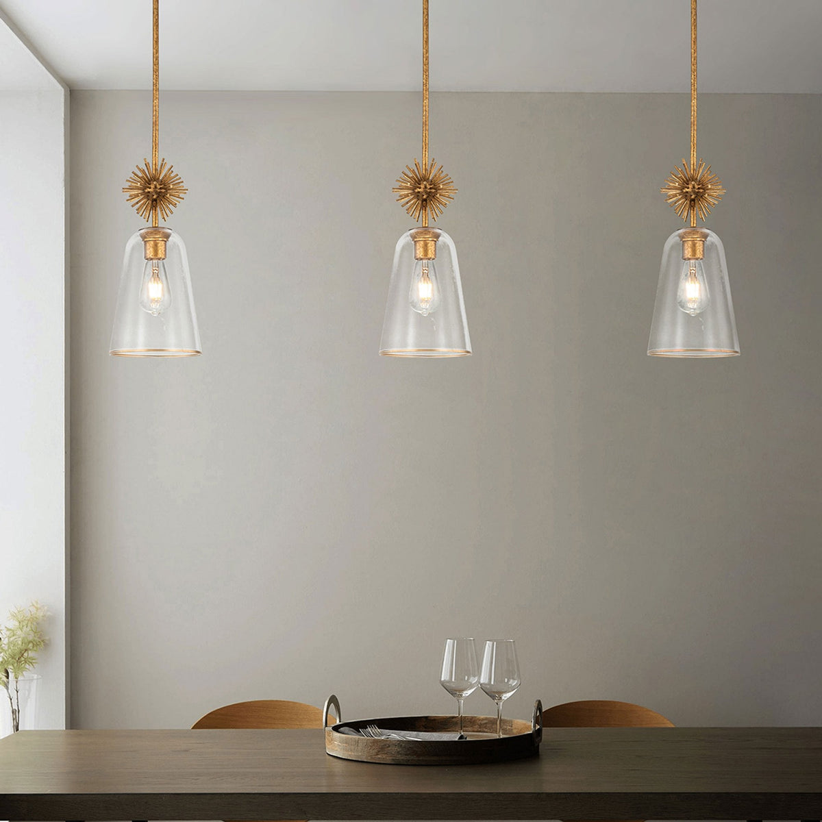 Staring Mini Single Drop Pendant in Distressed Gold with Clear Glass Diffuser