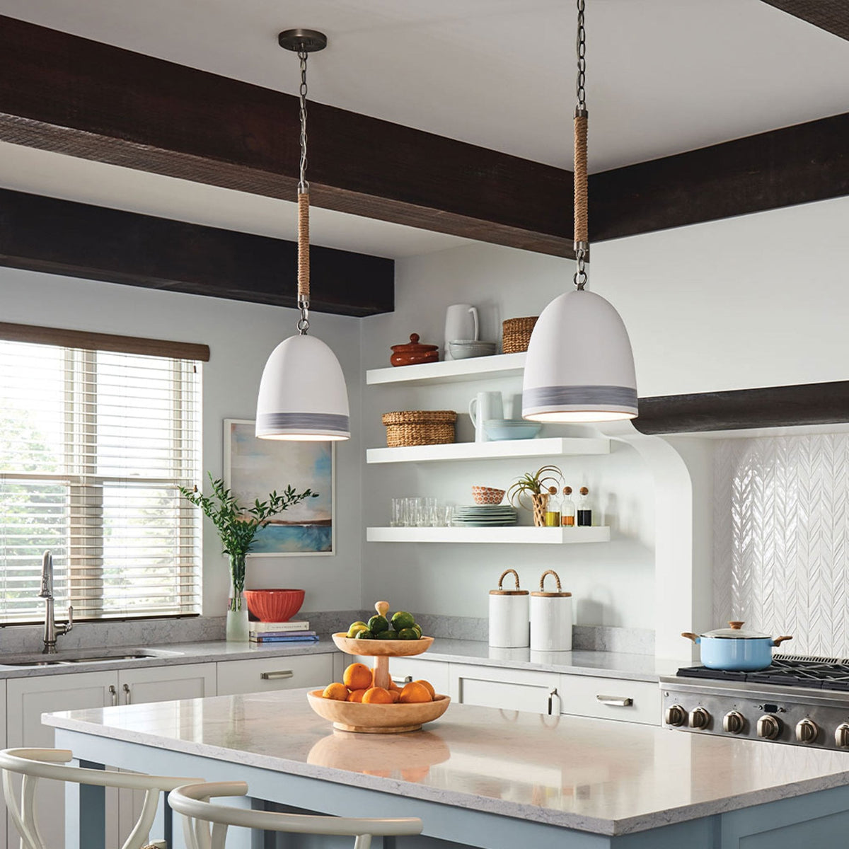 Nash Single Drop Pendant in Antique Nickel and Jute Rope with Off White Ceramic Shade