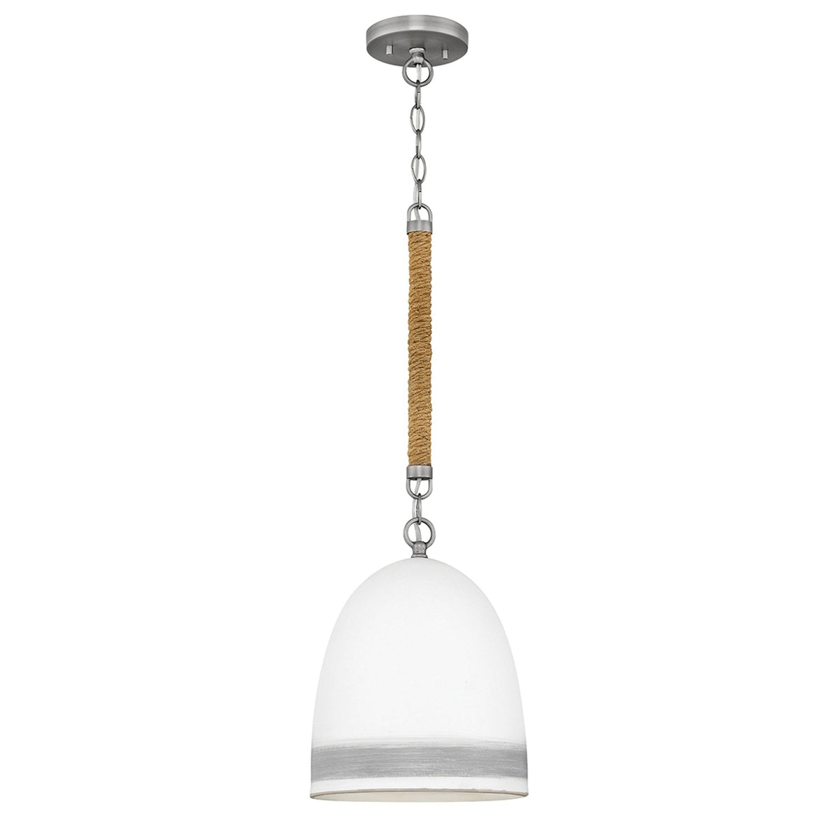 Nash Single Drop Pendant in Antique Nickel and Jute Rope with Off White Ceramic Shade
