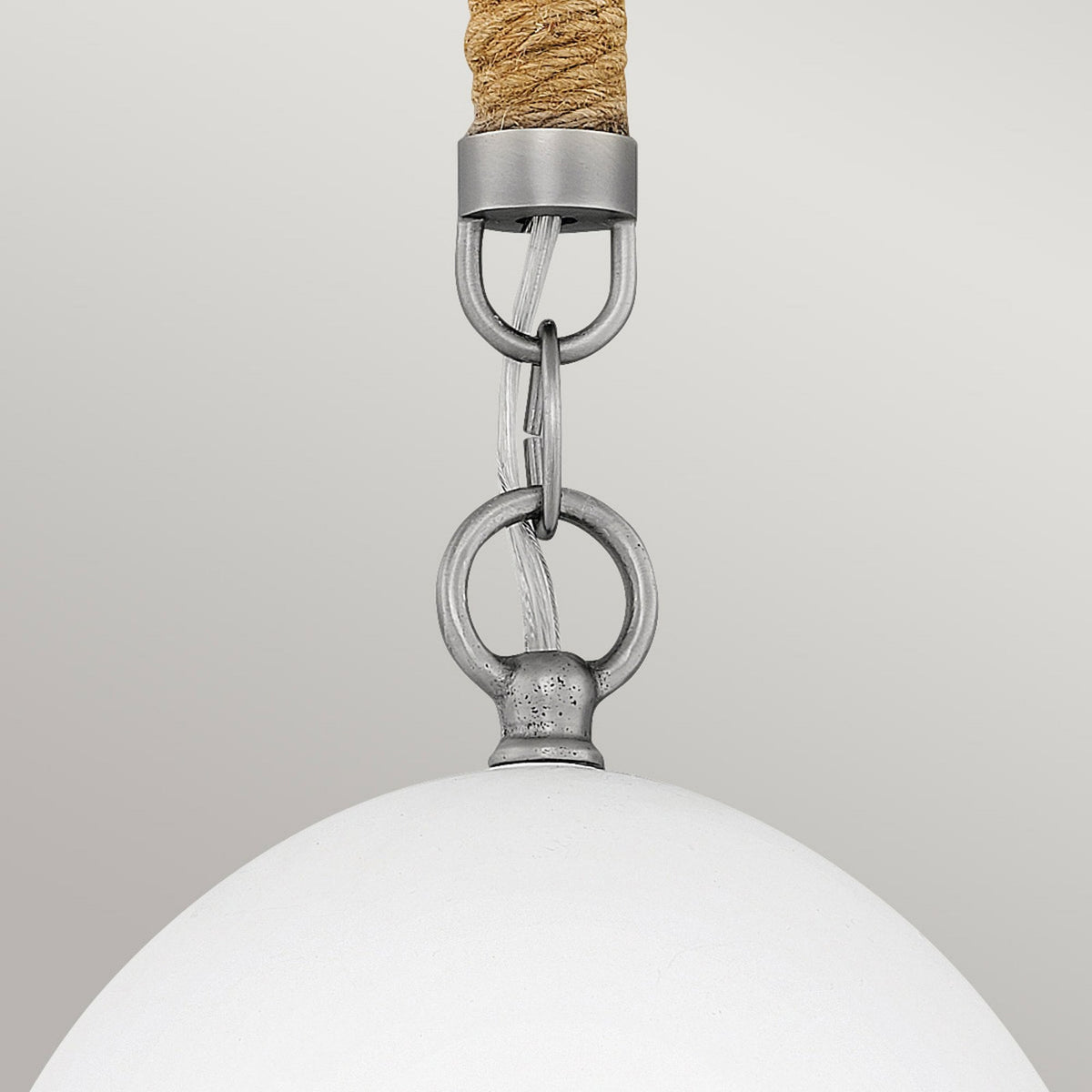 Nash Single Drop Pendant in Antique Nickel and Jute Rope with Off White Ceramic Shade