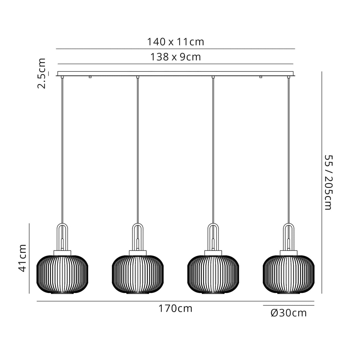 Atherington Pumpkin 4 Drop Linear Pendant in Brass Gold with Clear Shades