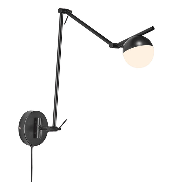 Contina Adjustable Plugged Wall Light in Black with Opal Glass