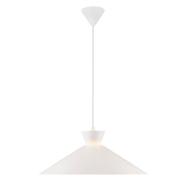 A white pendant light, viewed from the side, with a conical shade.