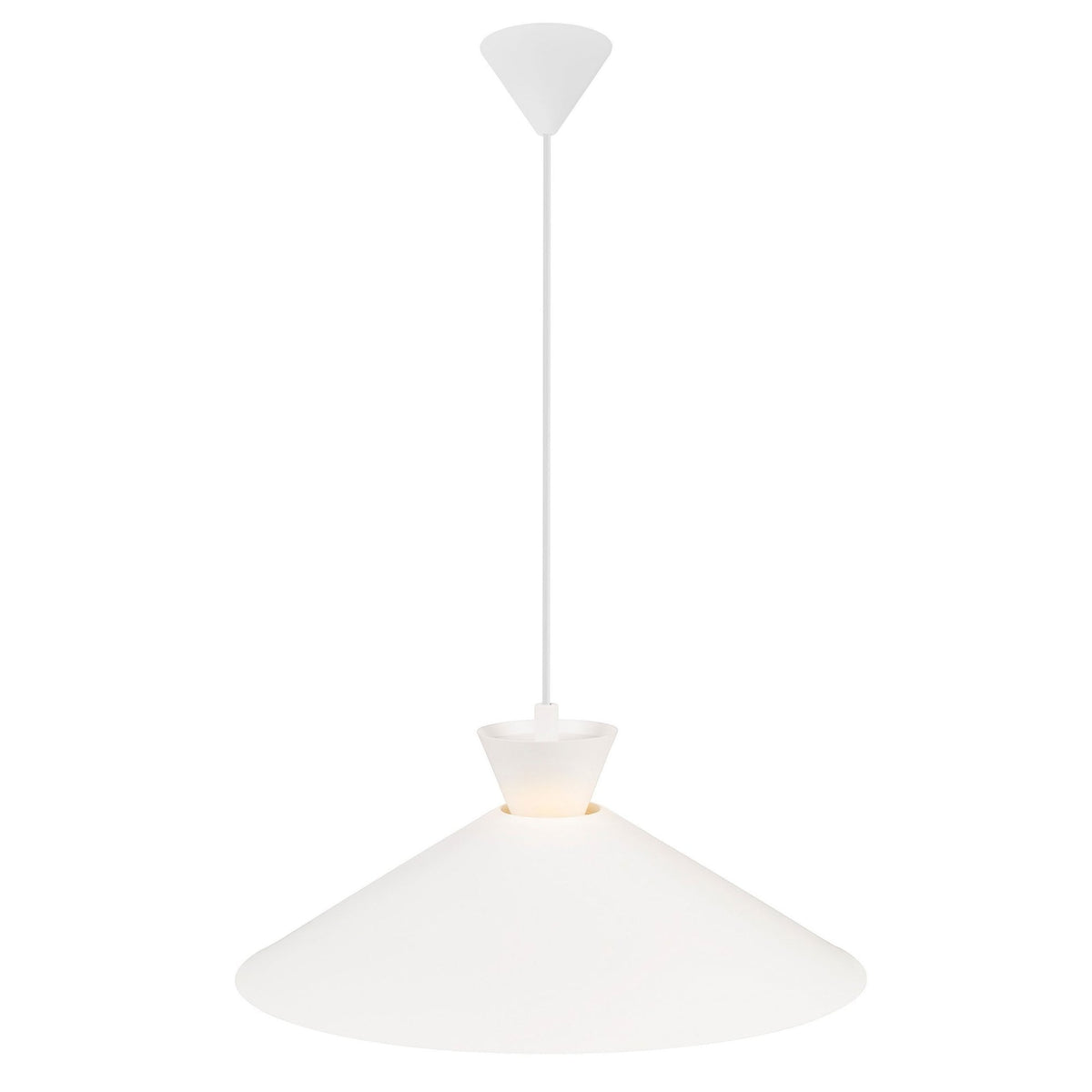 A slightly angled view of the white conical pendant light on a white background.