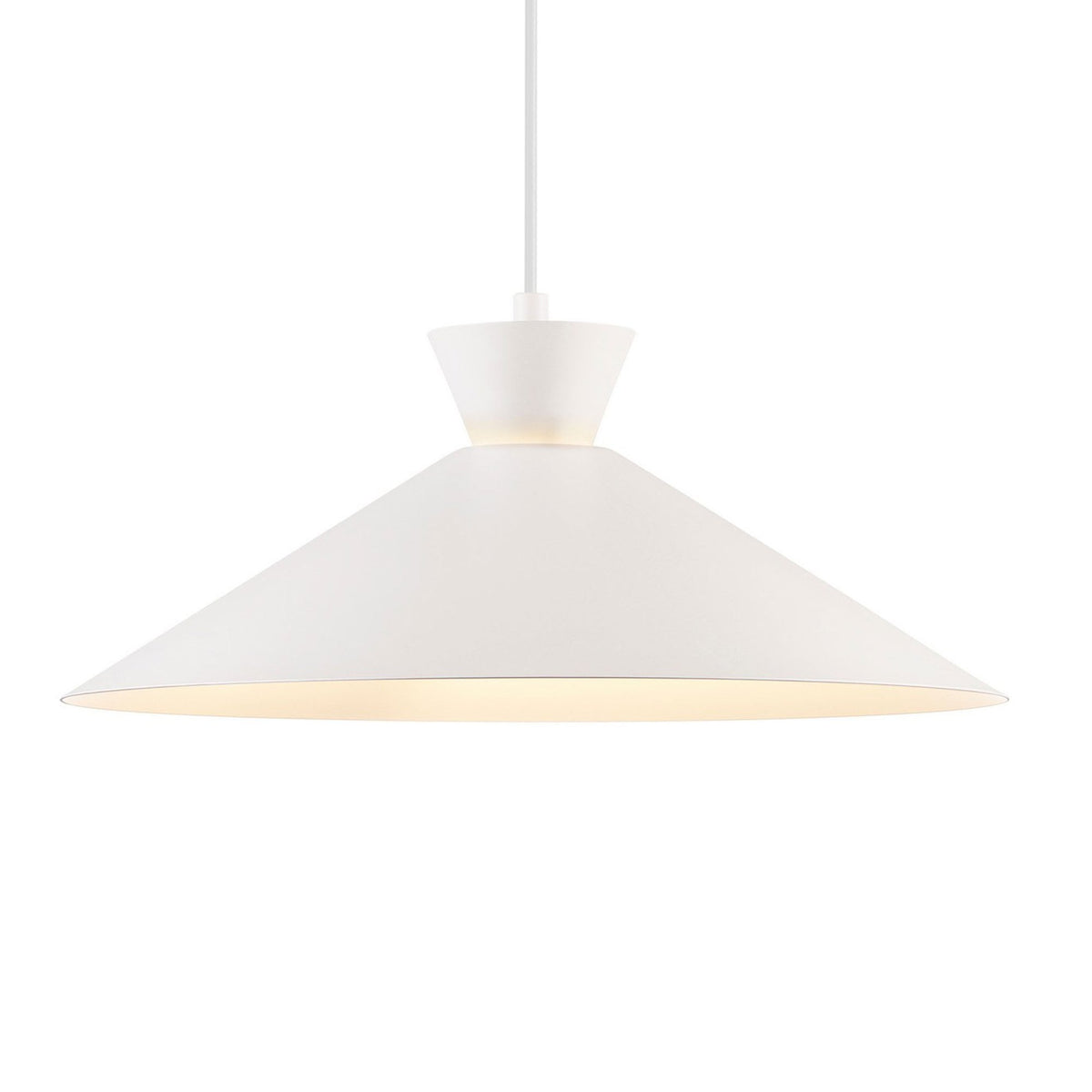 A close-up view of the white pendant light, showing the light emanating from within.