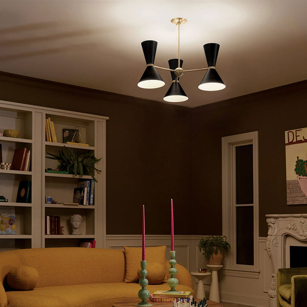 Phix Three Light Up & Down Pendant Chandelier in Black and Champagne Bronze