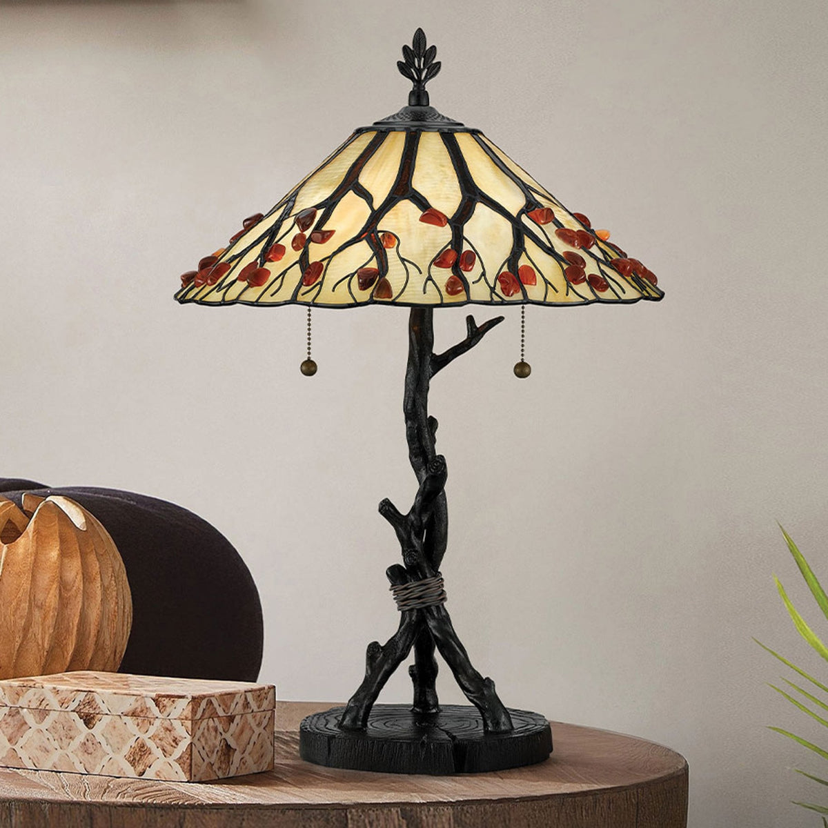 Whispering Tiffany Table Lamp with Valiant Bronze Base and Creamy White Glass with Agate Stones