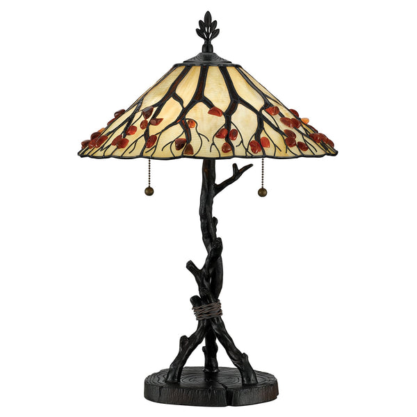 Whispering Tiffany Table Lamp with Valiant Bronze Base and Creamy White Glass with Agate Stones