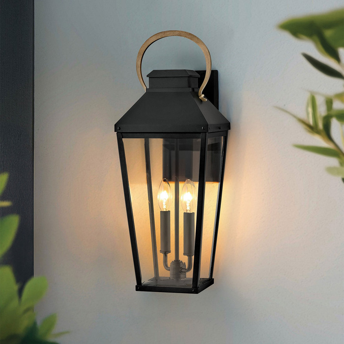 Dawson IP44 Large Wall Lantern in Black with Burnished Bronze Accent and Clear Glass