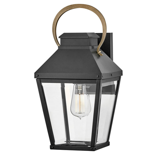 Dawson IP44 Medium Wall Lantern in Black with Burnished Bronze Accent and Clear Glass