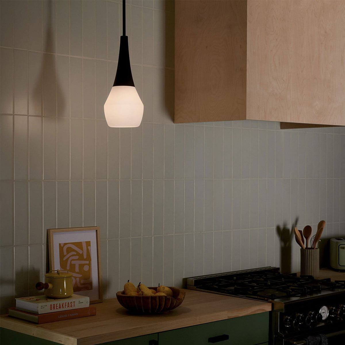 Deela Single Drop Pendant in Black with Opal Glass