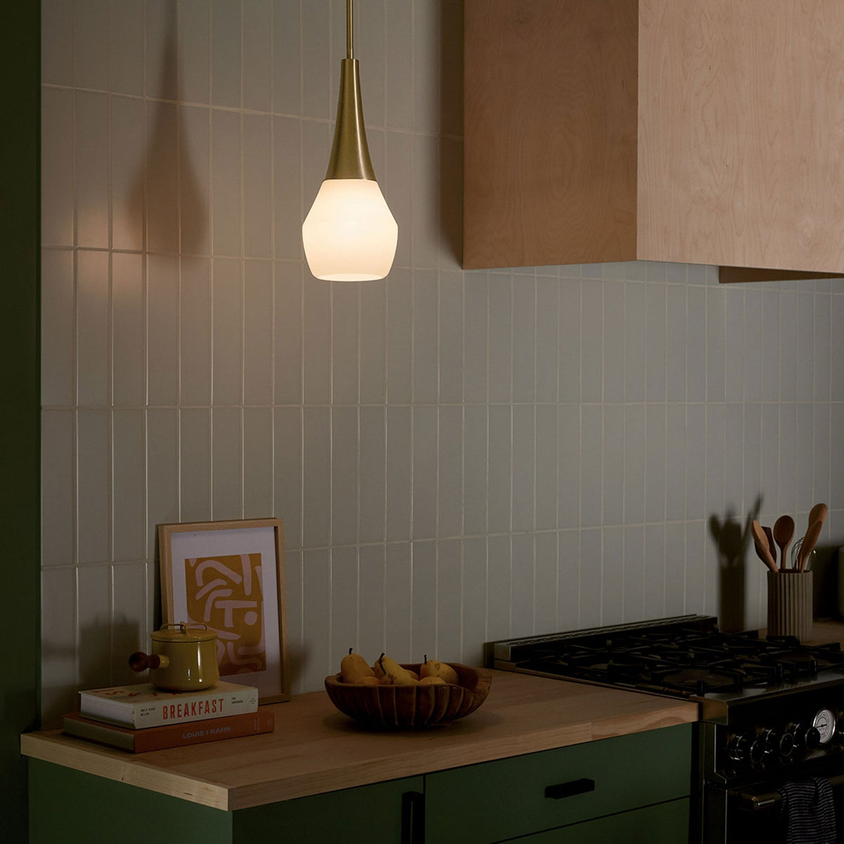 Deela Single Drop Pendant in Champagne Bronze with Opal Glass