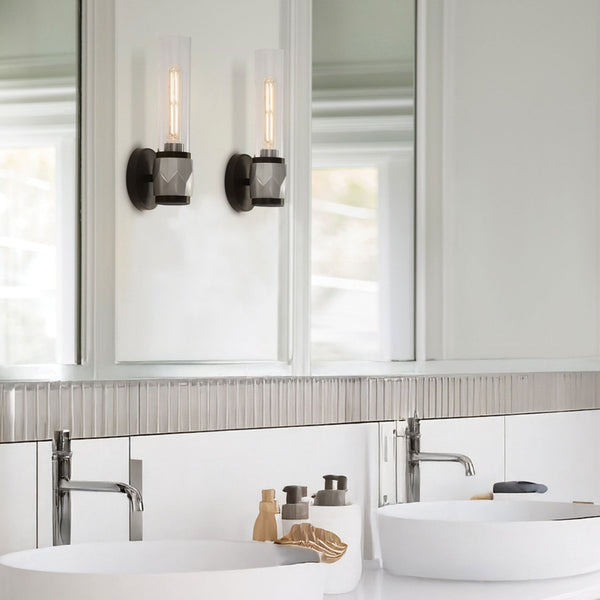 Ellison IP44 Single Wall Light in Black with Brushed Nickel and Clear Class