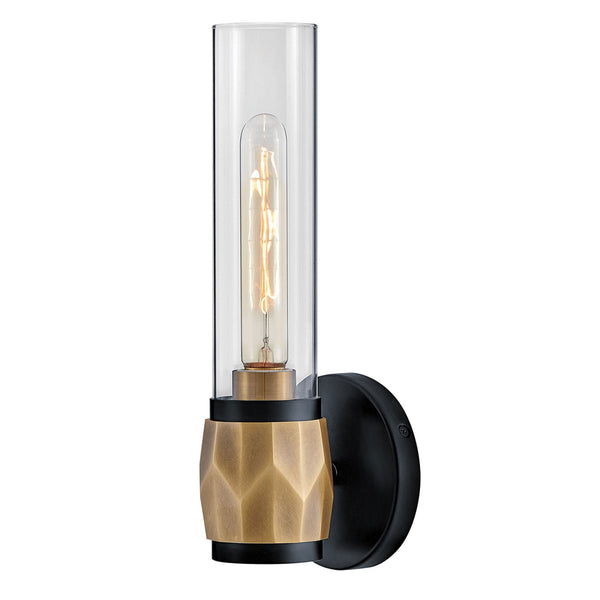 Ellison IP44 Single Wall Light in Black with Heritage Brass and Clear Class