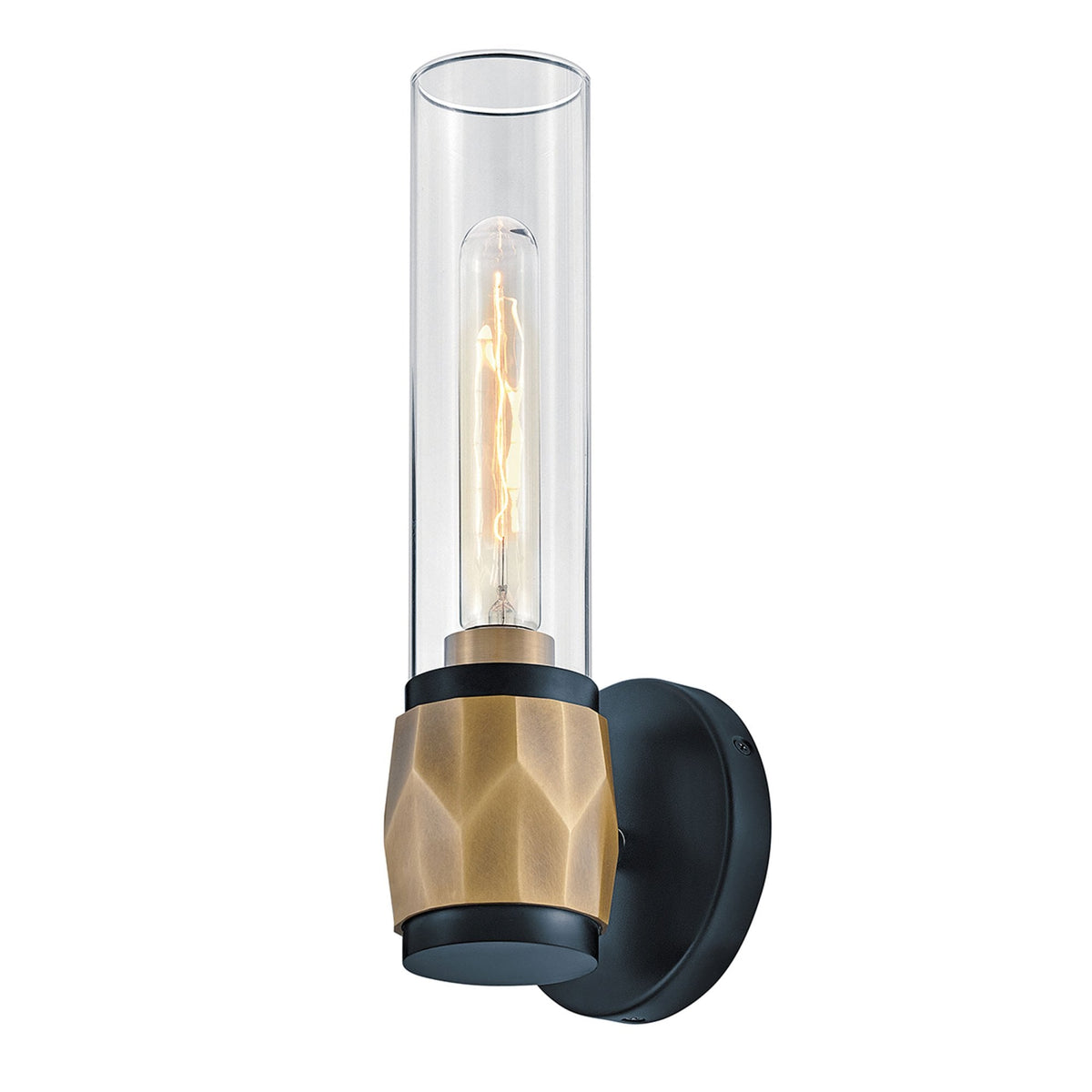 Ellison IP44 Single Wall Light in Black with Heritage Brass and Clear Class