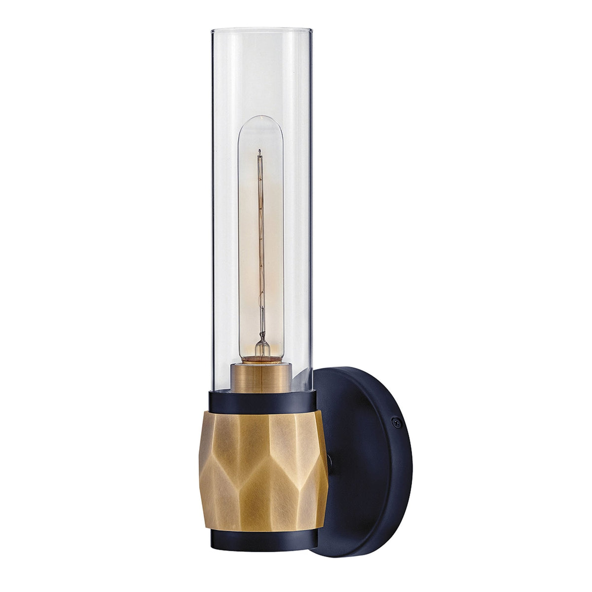 Ellison IP44 Single Wall Light in Black with Heritage Brass and Clear Class