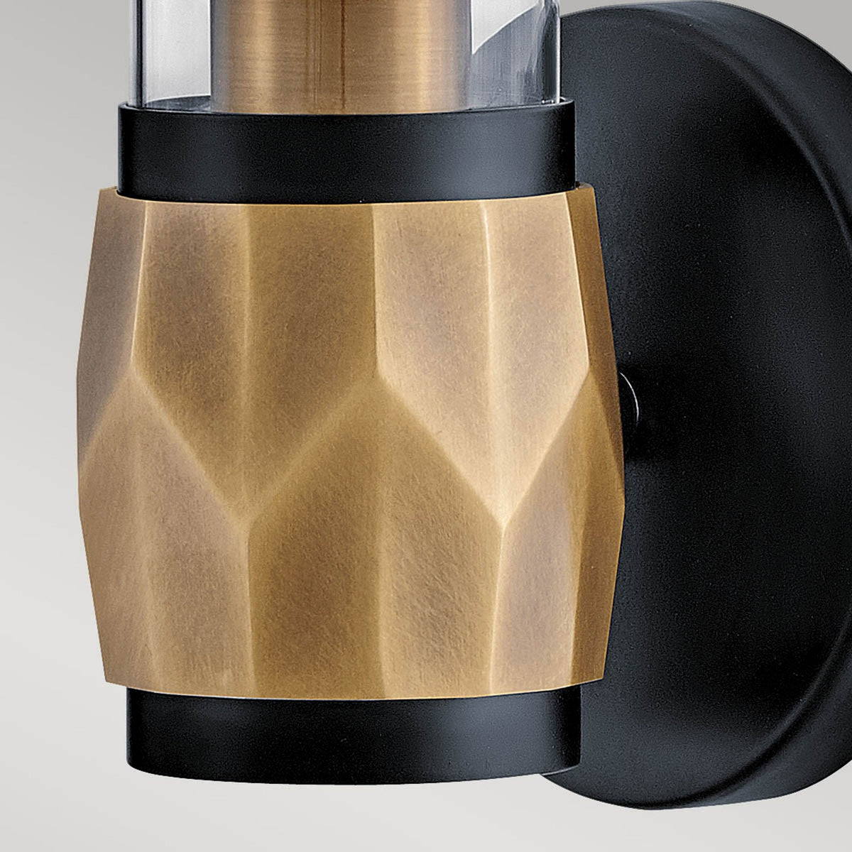 Ellison IP44 Single Wall Light in Black with Heritage Brass and Clear Class