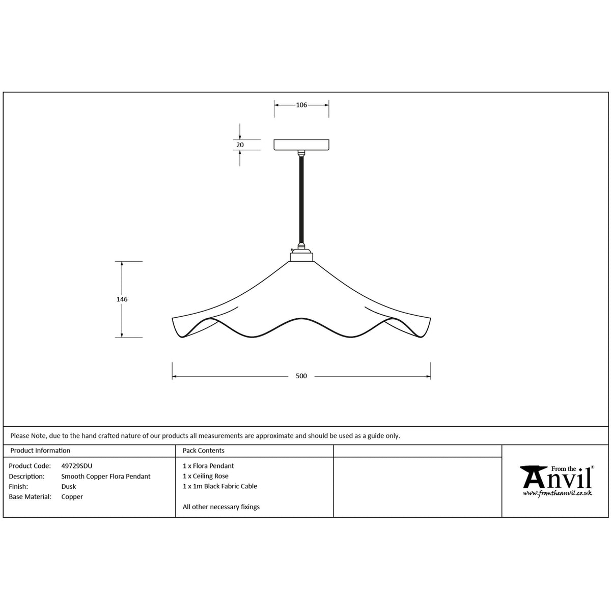 Technical drawing of the wavy copper plate pendant light, showing dimensions and materials.