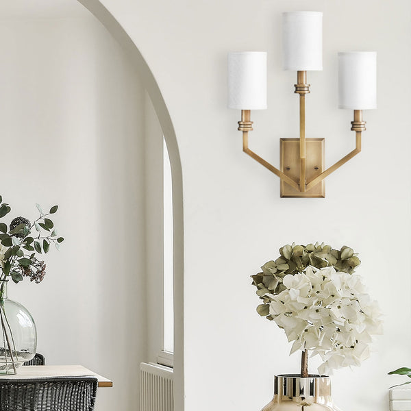 Moore Triple Arm Wall Light in Heritage Brass with Ivory Linen Shades