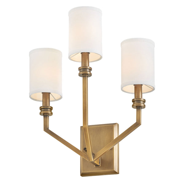 Moore Triple Arm Wall Light in Heritage Brass with Ivory Linen Shades