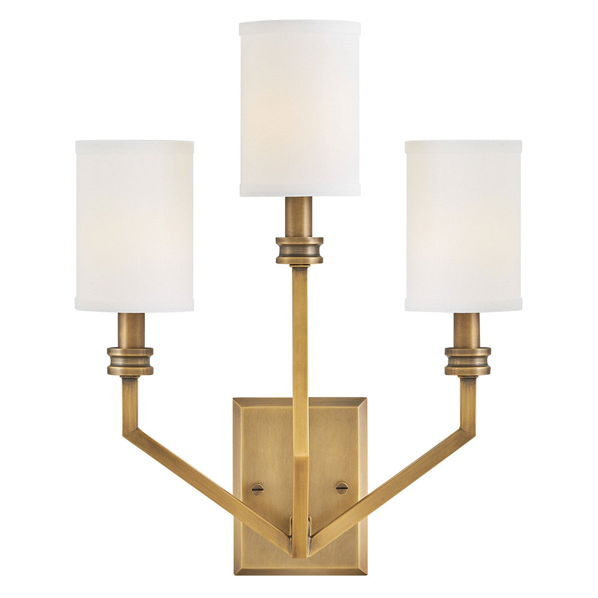 Moore Triple Arm Wall Light in Heritage Brass with Ivory Linen Shades