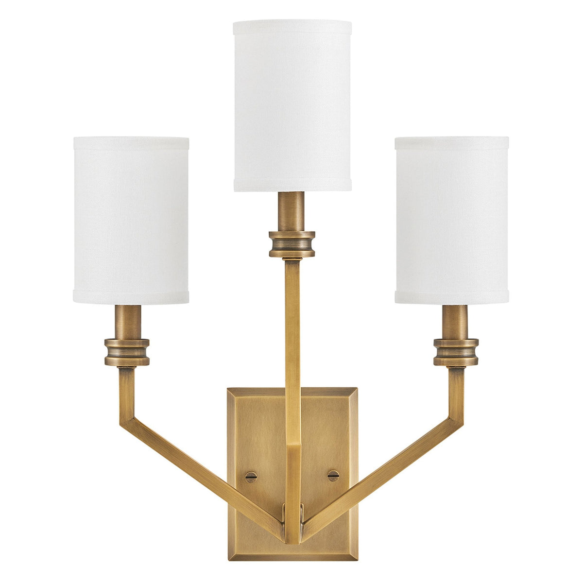 Moore Triple Arm Wall Light in Heritage Brass with Ivory Linen Shades