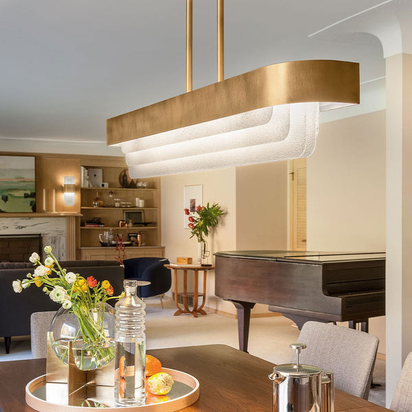Serene LED Linear Pendant Chandelier in Natural Brass with Layers of Textured Glass