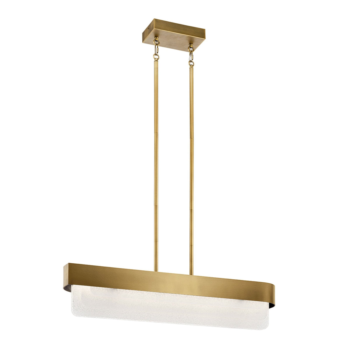 Serene LED Linear Pendant Chandelier in Natural Brass with Layers of Textured Glass