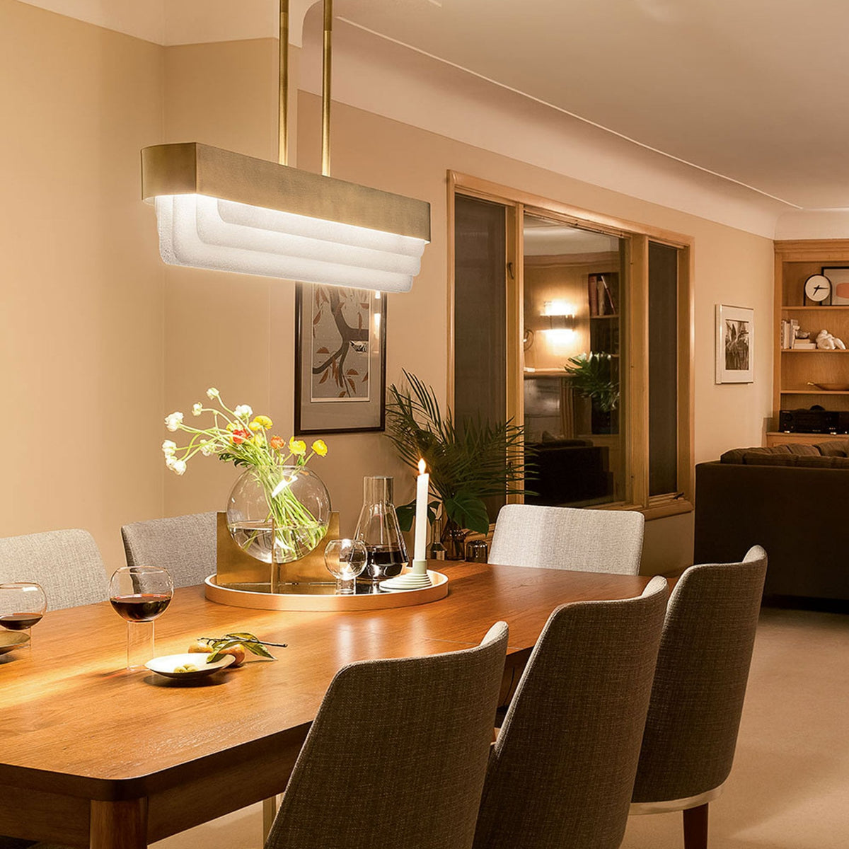 Serene LED Linear Pendant Chandelier in Natural Brass with Layers of Textured Glass