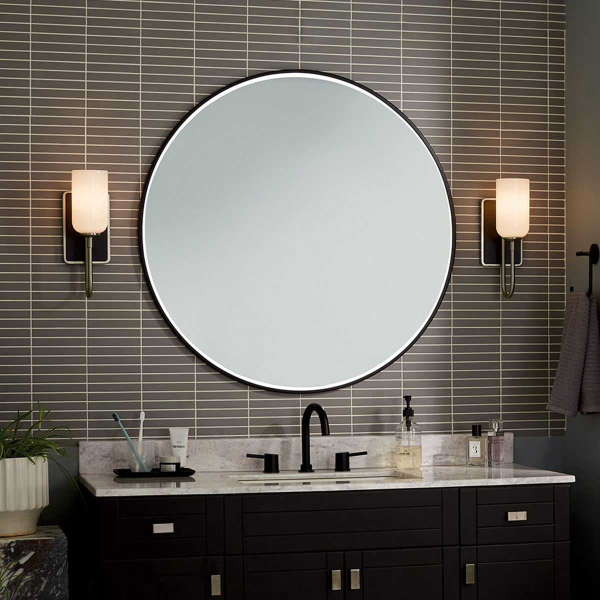 Solia Single IP44 Wall Light in Brushed Nickel with Black Accent and White Opal Glass Diffuser